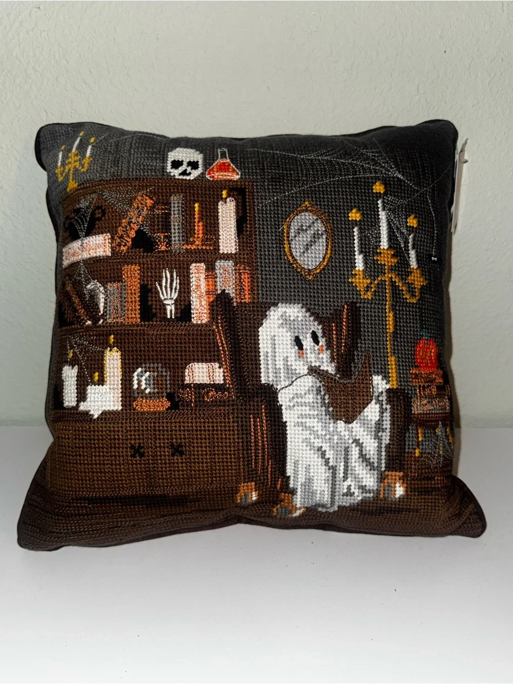 Halloween Ghost Needlepoint Throw Pillow - Black and Brown